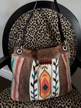 Vintage Fossil Boho Suede & Woven Pattern Shoulder Bag - Brown Multi